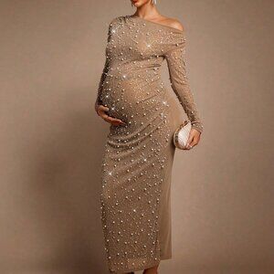 Khaki Elegant Party Maternity Sequin Asymmetric Dress
